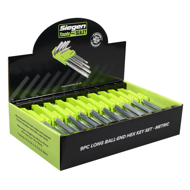 Sealey S01263 Siegen Long Ball-End Hex Key Set 9pc - Display Box of 10