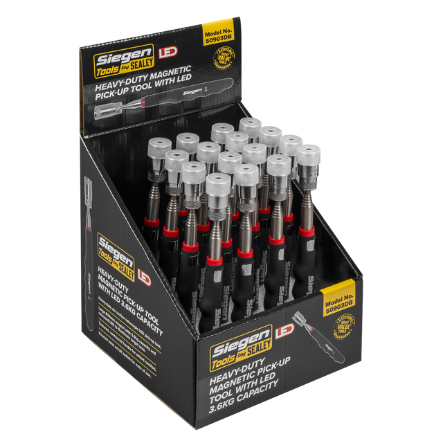 Sealey S0903DB Siegen Heavy-Duty Magnetic Pick-Up Tool with LED 3.6kg Capacity - Display Box of 16