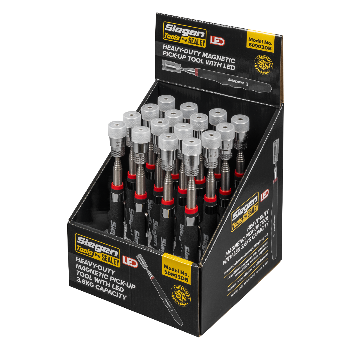Sealey S0903DB Siegen Heavy-Duty Magnetic Pick-Up Tool with LED 3.6kg Capacity - Display Box of 16 - additional view 2