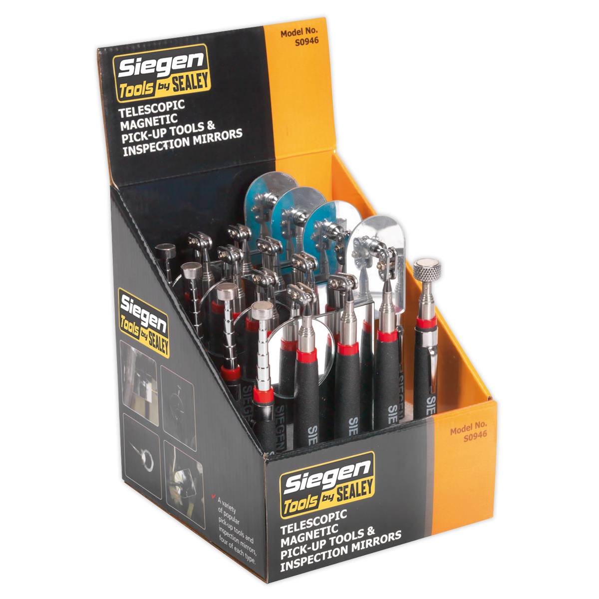 Sealey S0946 Siegen Telescopic Magnetic Pick-Up Tools & Inspection Mirrors - Display Box of 20