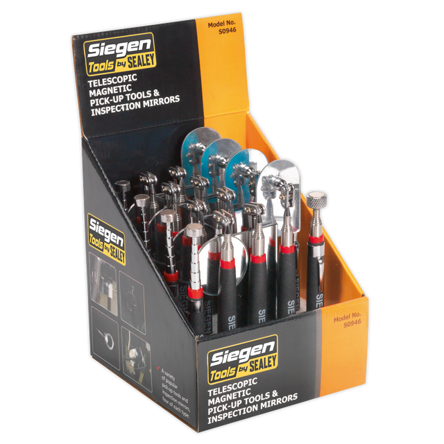 Sealey S0946 Siegen Telescopic Magnetic Pick-Up Tools & Inspection Mirrors - Display Box of 20