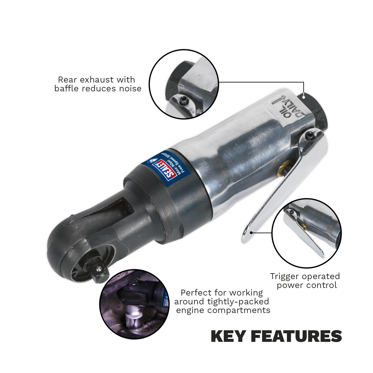 Sealey SA230 Super Stubby Air Ratchet Wrench 1/4"Sq Drive - additional view 5