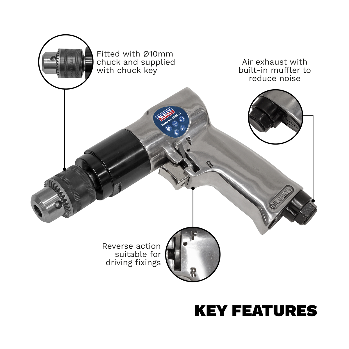 Sealey SA24 Reversible Air Drill 10mm - additional view 4