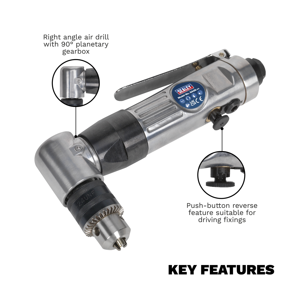 Sealey SA26 Reversible Air Angle Drill 10mm - additional view 4