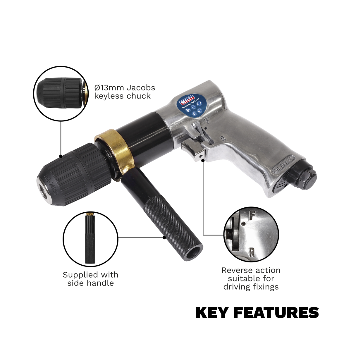 Sealey SA27 Reversible Air Drill 13mm with Keyless Chuck - additional view 4