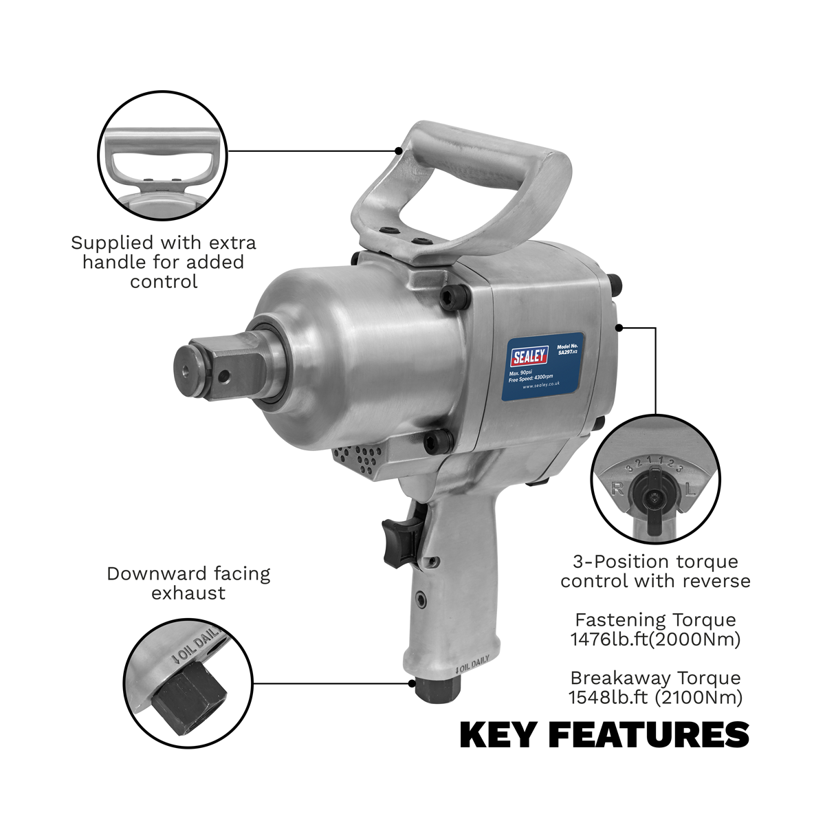 Sealey SA297 Twin Hammer Air Impact Wrench 1"Sq Drive - additional view 8