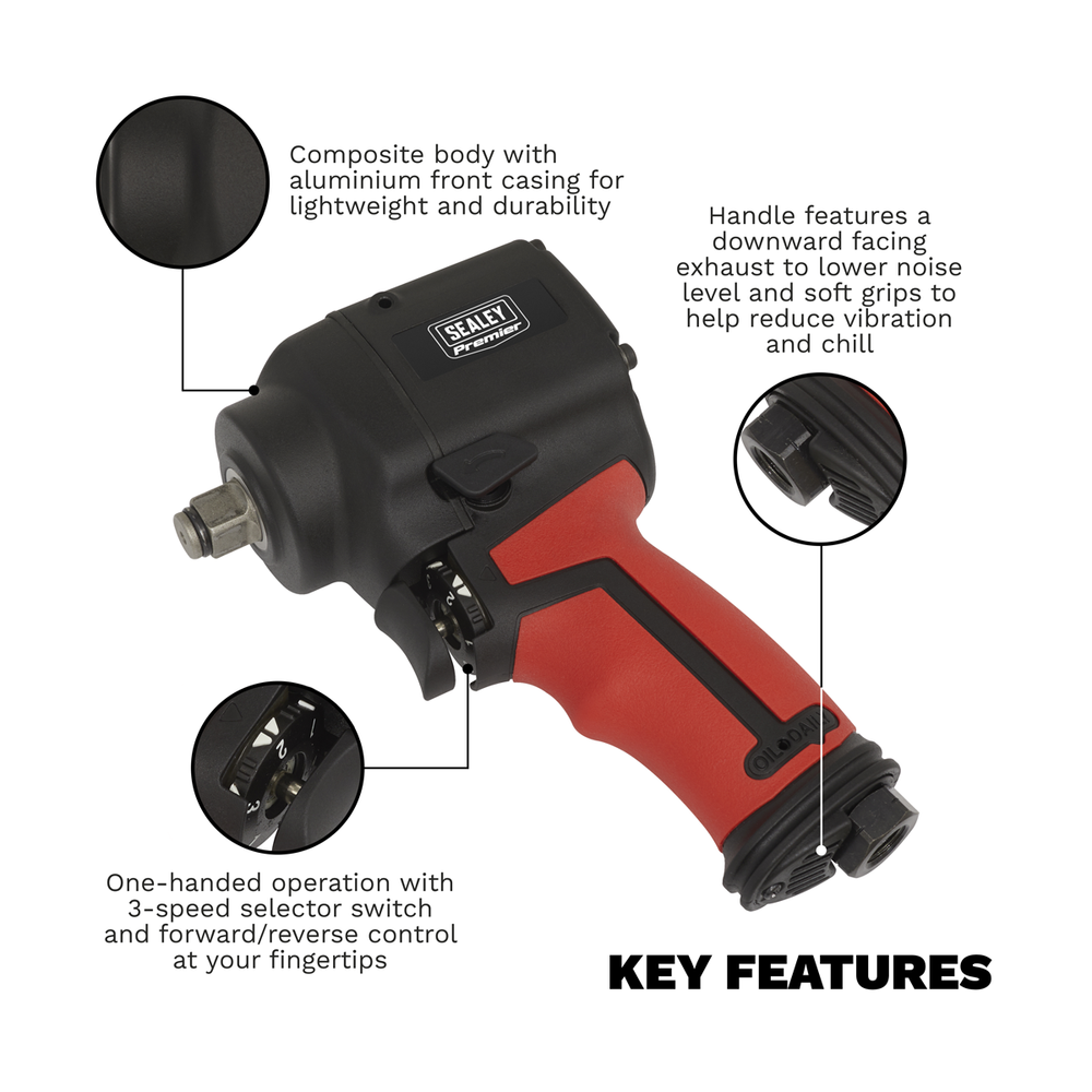 Sealey SA6002S Premier Twin Hammer Stubby Air Impact Wrench 1/2"Sq Drive - additional view 9