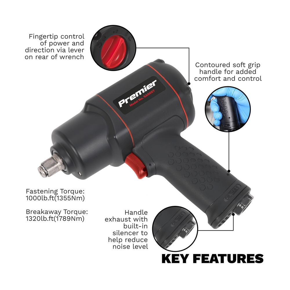 Sealey SA6007 Premier Twin Hammer Composite Air Impact Wrench 1/2"Sq Drive - additional view 5