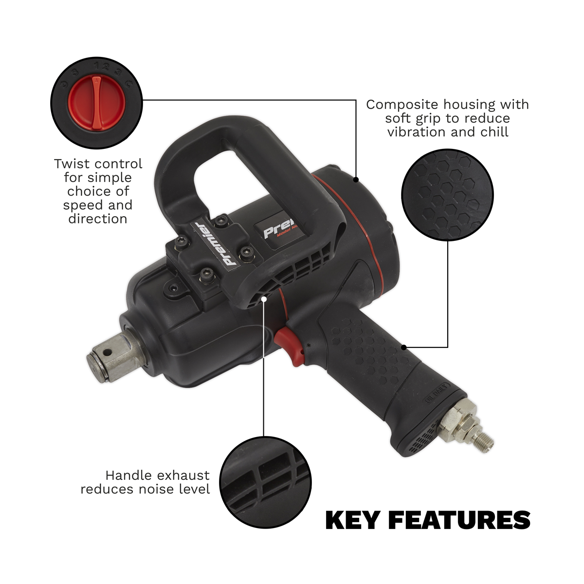 Sealey SA6008 Premier Twin Hammer Composite Air Impact Wrench 1"Sq Drive - additional view 4