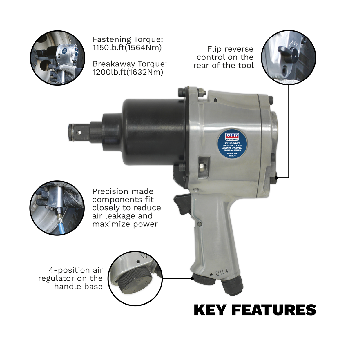Sealey SA604 Premier Twin Hammer Air Impact Wrench 3/4"Sq Drive - additional view 5