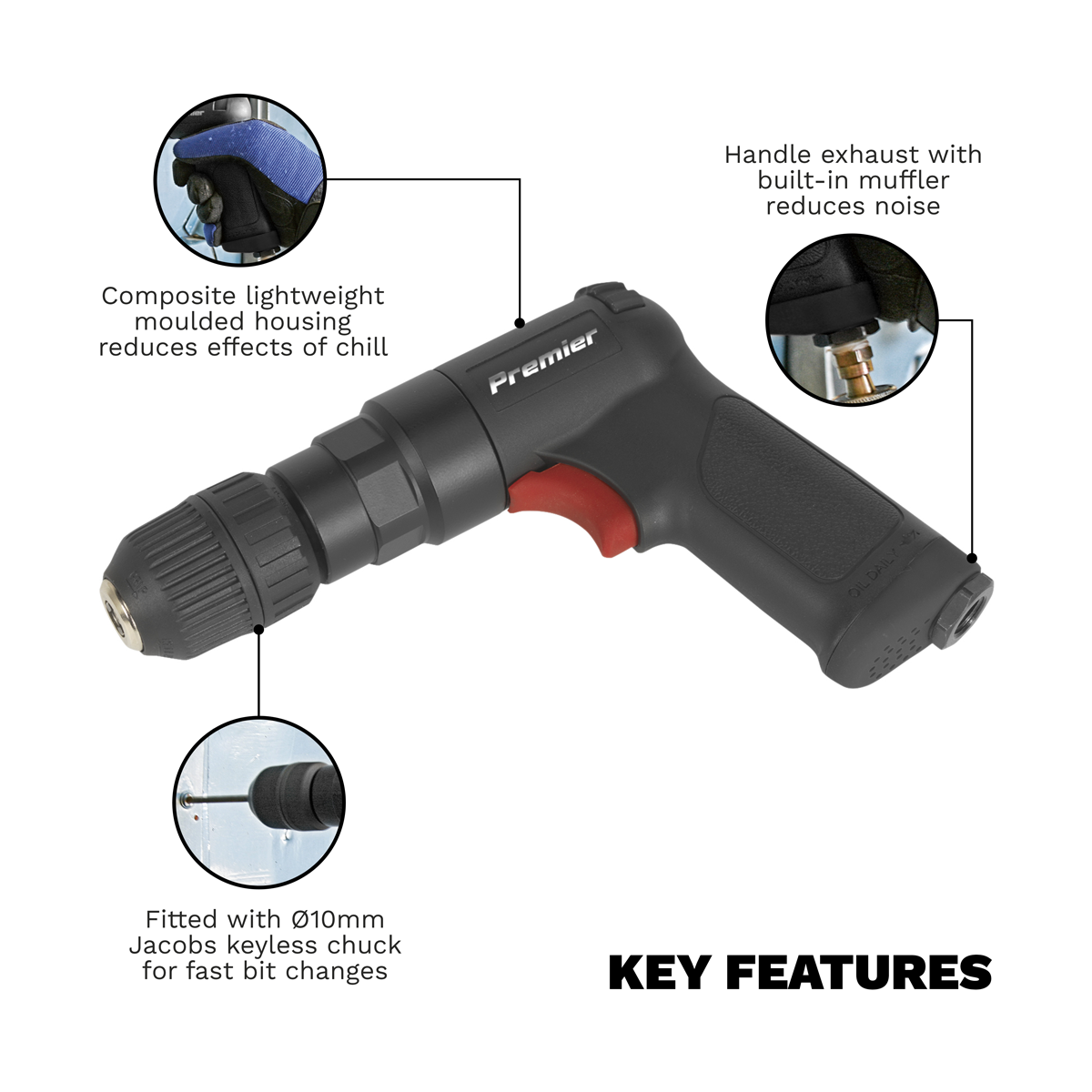 Sealey SA620 Premier Composite Reversible Air Pistol Drill 10mm with Keyless Chuck - additional view 5