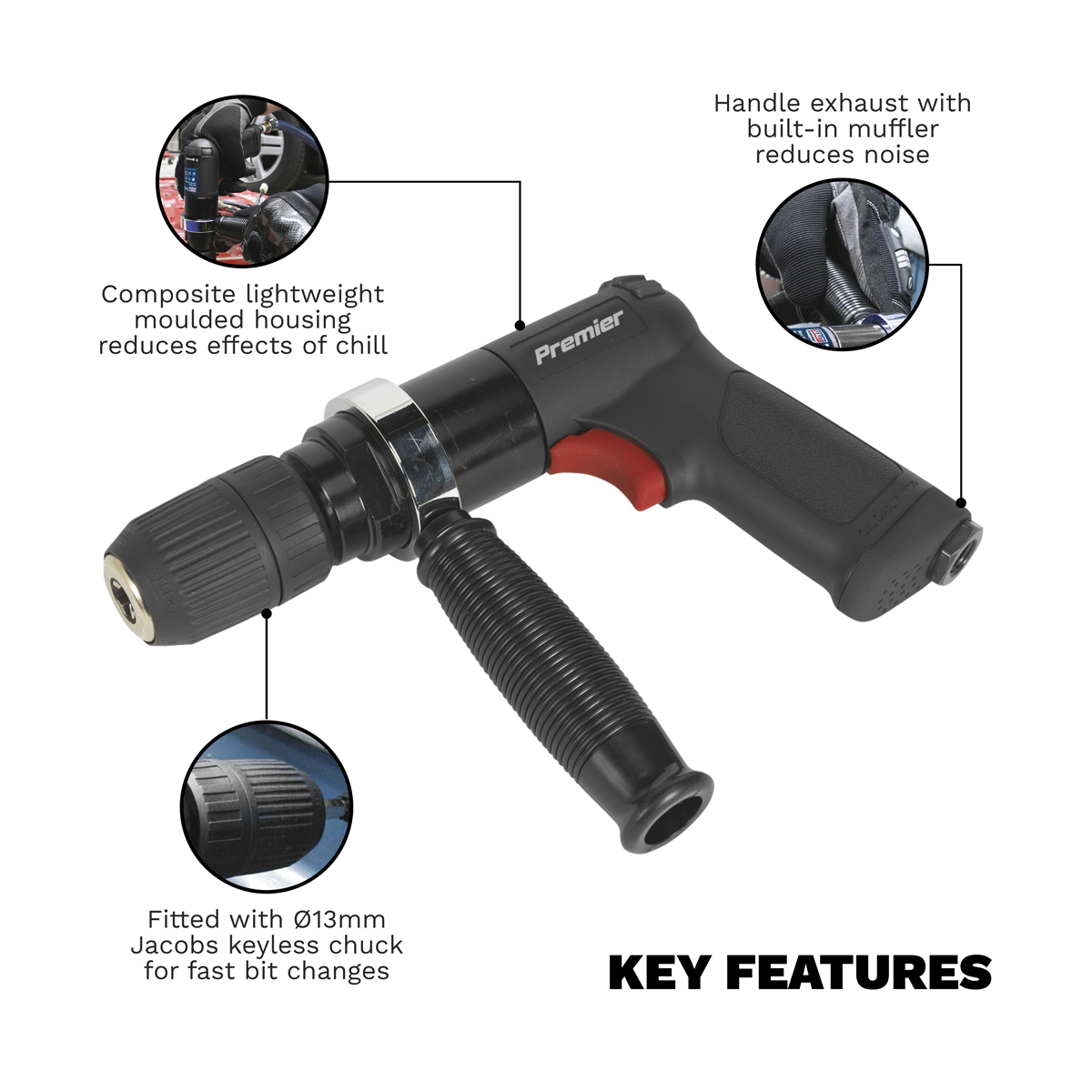 Sealey SA621 Premier Composite Reversible Air Drill 13mm with Keyless Chuck - additional view 5