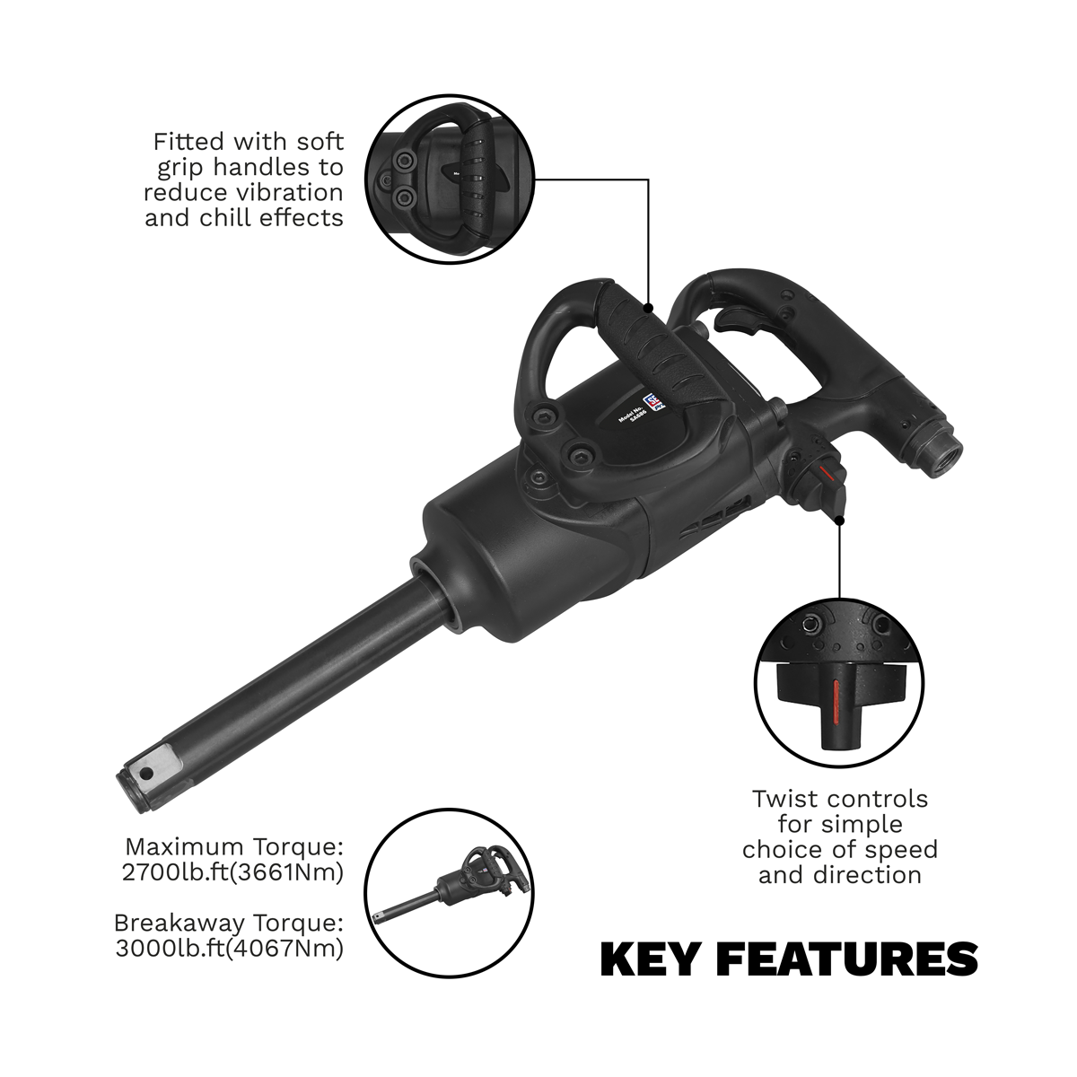 Sealey SA686 Premier Twin Hammer Air Impact Wrench 1"Sq Drive - additional view 2