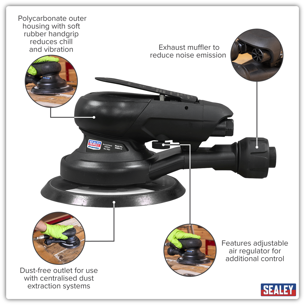 Sealey SA801 Air Palm Orbital Sander Ø150mm Dust-Free - additional view 11