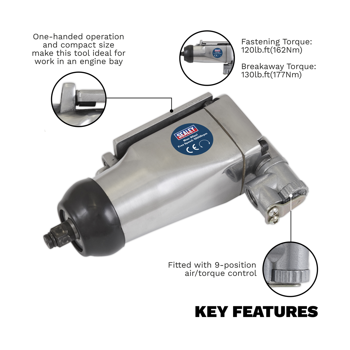 Sealey SA91 Butterfly Air Impact Wrench 3/8"Sq Drive - additional view 2