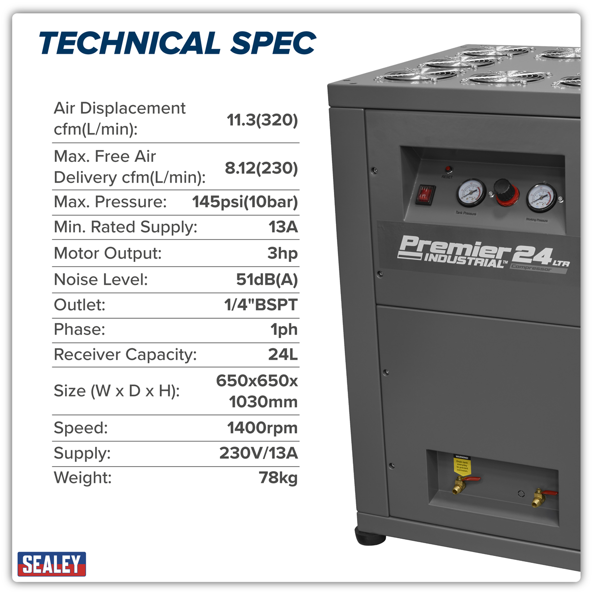 Sealey SAC01VLN 24L Oil Free Low Noise Direct Drive Air Compressor 3hp - additional view 2