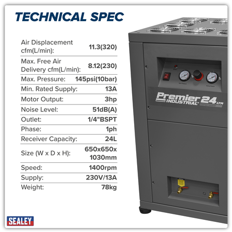 Sealey SAC01VLN 24L Oil Free Low Noise Direct Drive Air Compressor 3hp - additional view 2