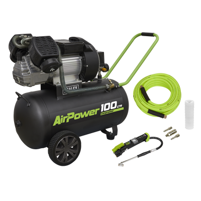 Sealey SAC10030VEKIT 100L Direct Drive V-Twin Air Compressor 3hp with Air Accessory Kit