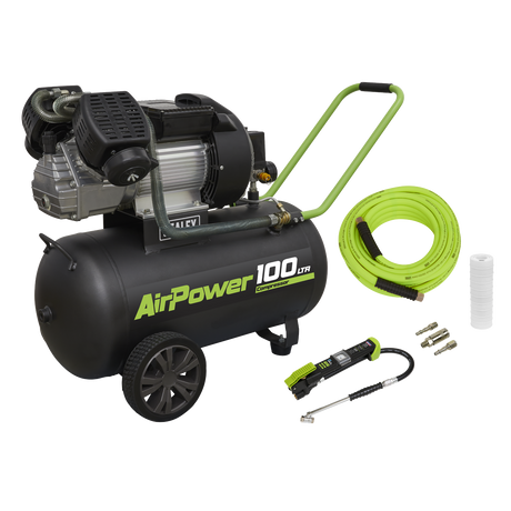 Sealey SAC10030VEKIT 100L Direct Drive V-Twin Air Compressor 3hp with Air Accessory Kit