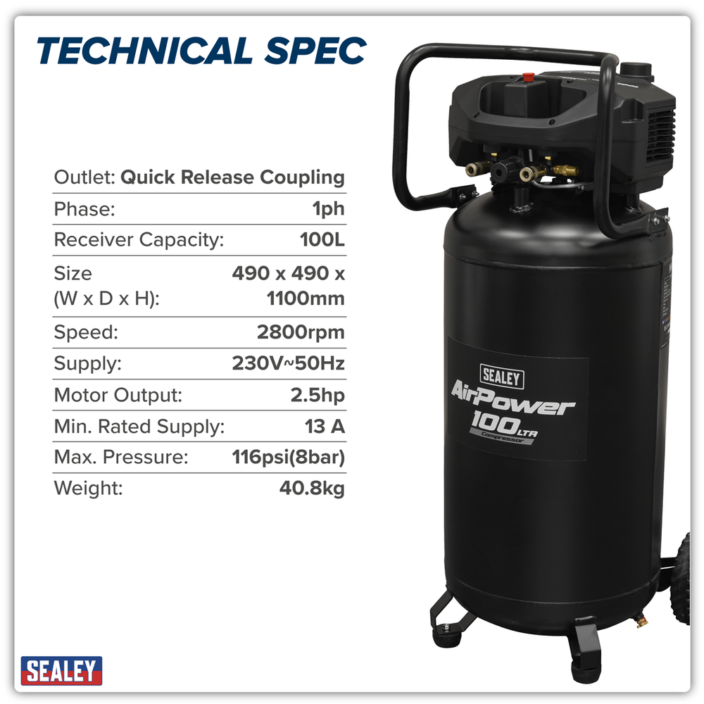 Sealey SAC100V 100L Oil Free Belt Drive Vertical Compressor 2.5hp - additional view 14