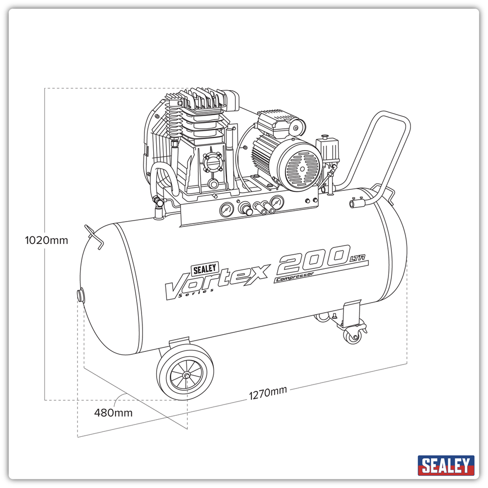 Sealey SAC1203B 200L Belt Drive Air Compressor with Cast Cylinders & Wheels 3.5hp - additional view 3