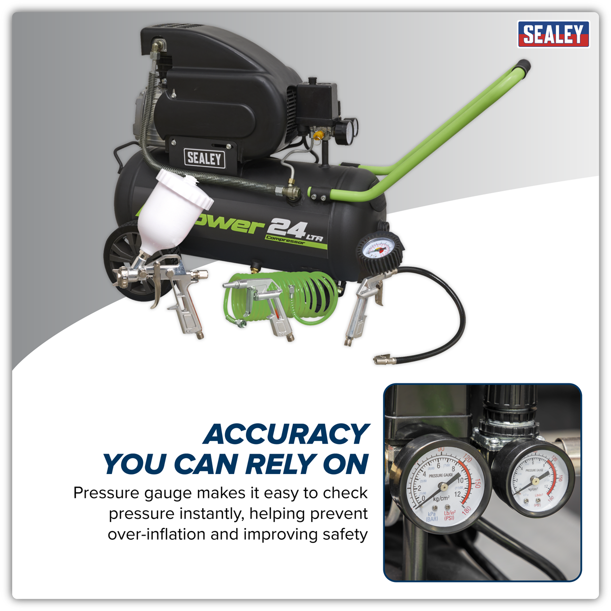 Sealey SAC2420EPK 24L Direct Drive Air Compressor 2hp with 4pc Air Accessory Kit - additional view 9