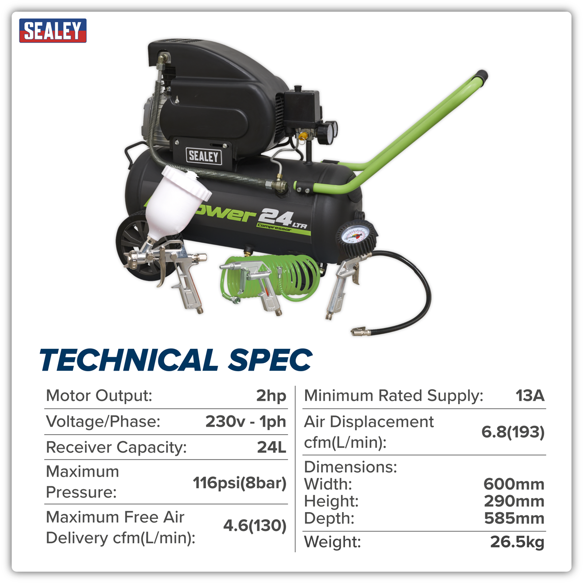 Sealey SAC2420EPK 24L Direct Drive Air Compressor 2hp with 4pc Air Accessory Kit - additional view 8