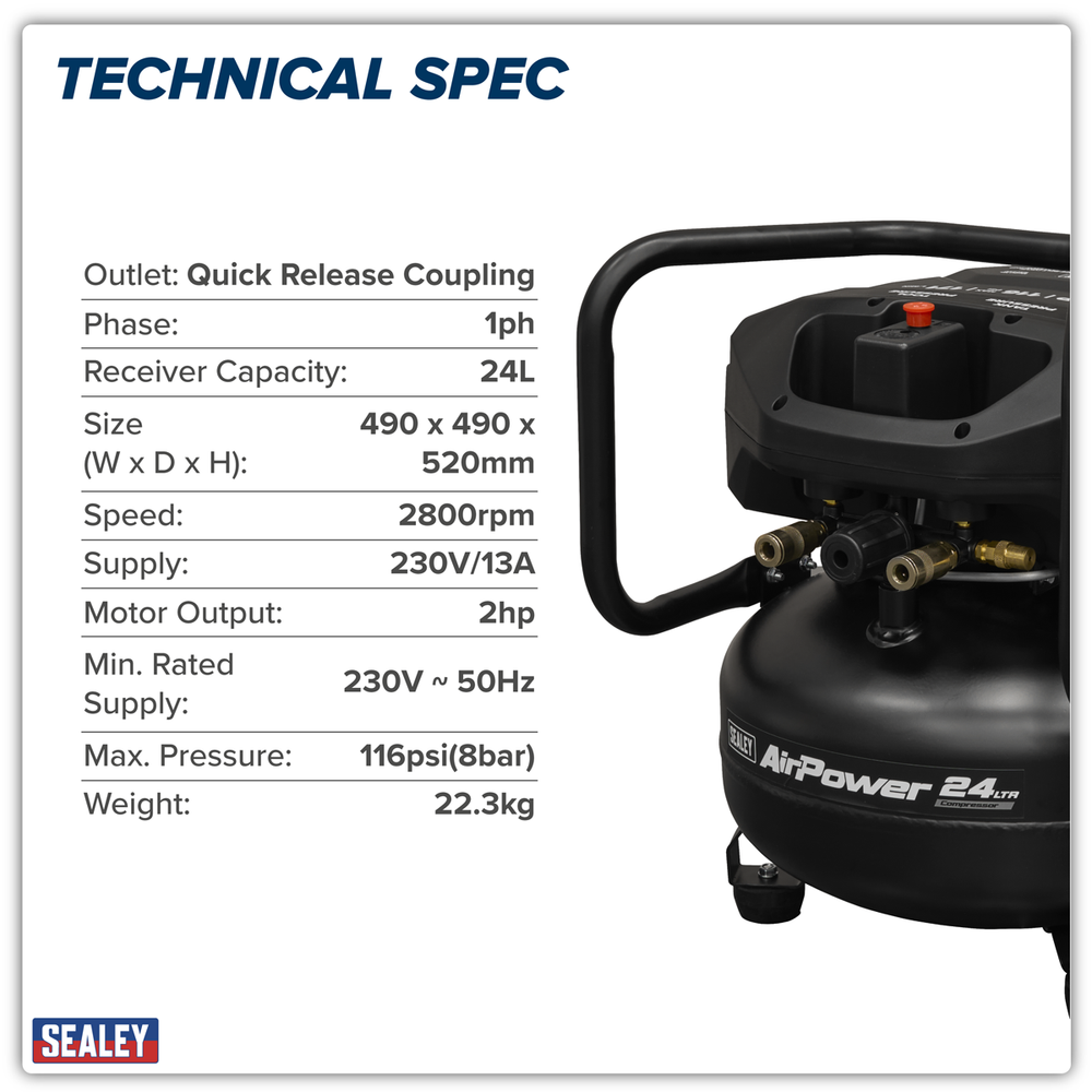 Sealey SAC24V 24L Oil Free Belt Drive Vertical Compressor 2hp - additional view 13
