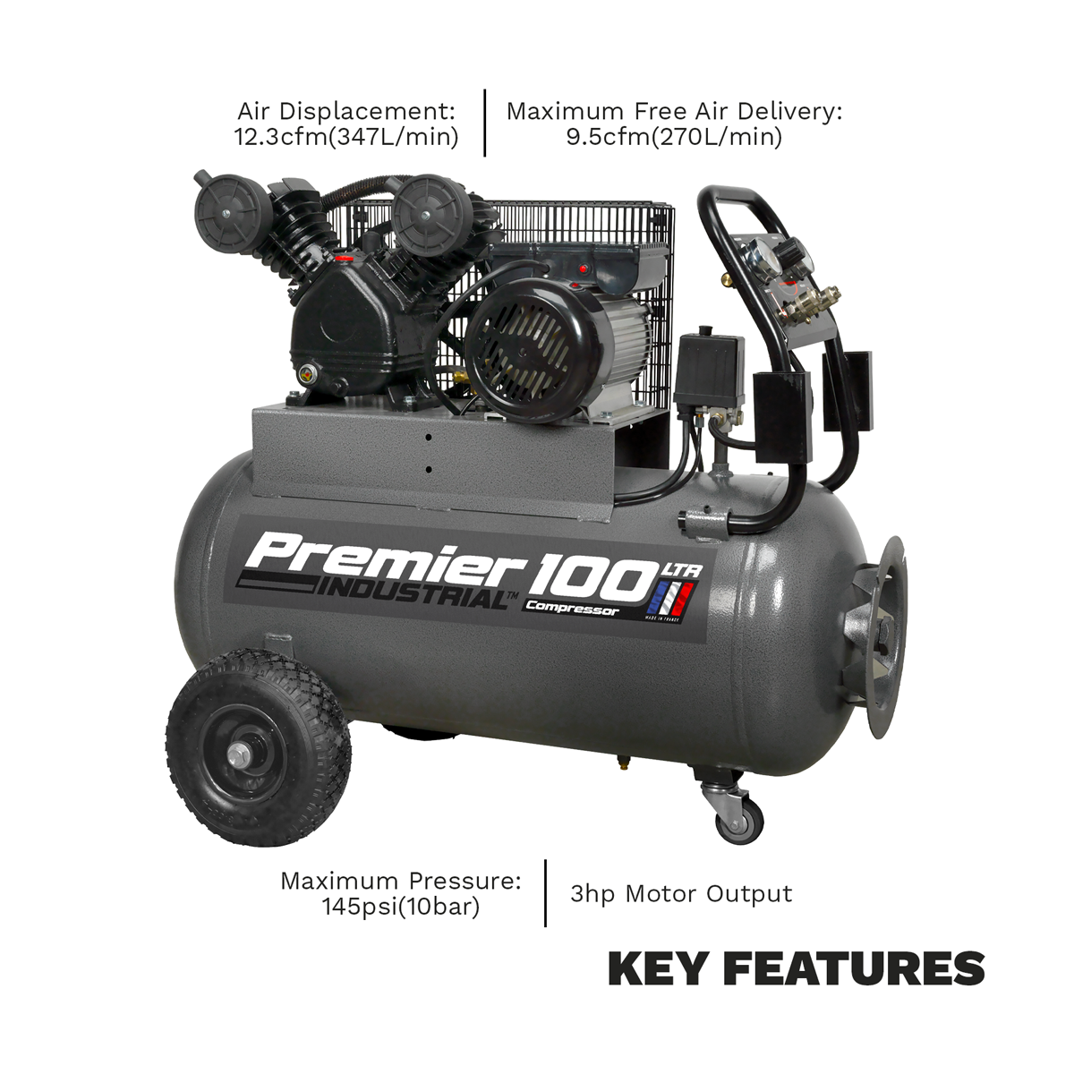 Sealey SAC3103B Premier 100L Belt Drive Air Compressor with Front Control Panel 3hp - additional view 5