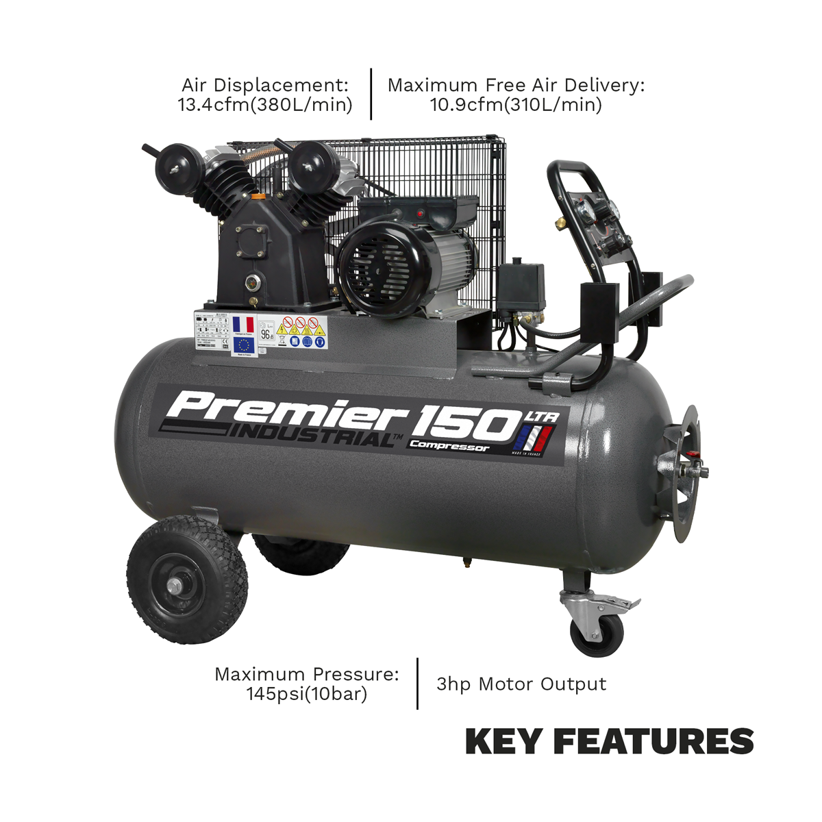 Sealey SAC3153B Premier 150L Belt Drive Air Compressor with Front Control Panel 3hp - additional view 12