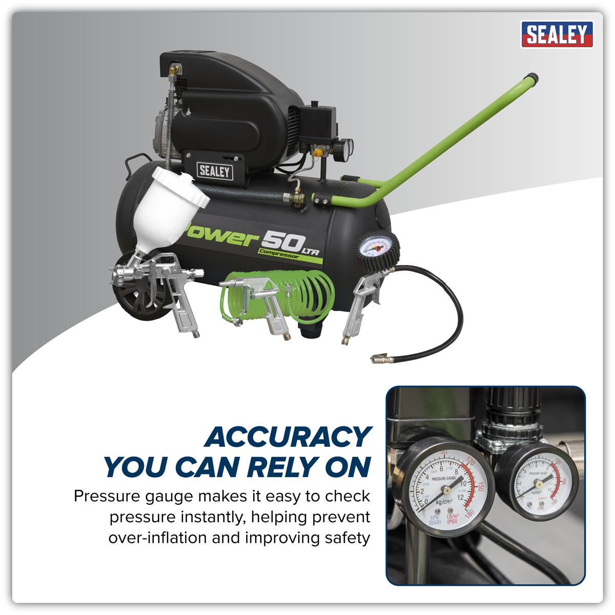 Sealey SAC5020EPK 50L Direct Drive Air Compressor 2hp with 4pc Air Accessory Kit - additional view 9