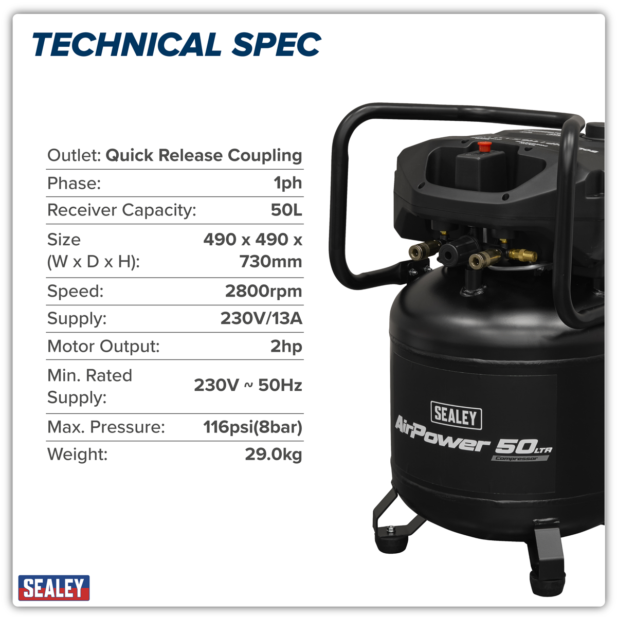 Sealey SAC50V 50L Oil Free Belt Drive Vertical Compressor 2hp - additional view 12