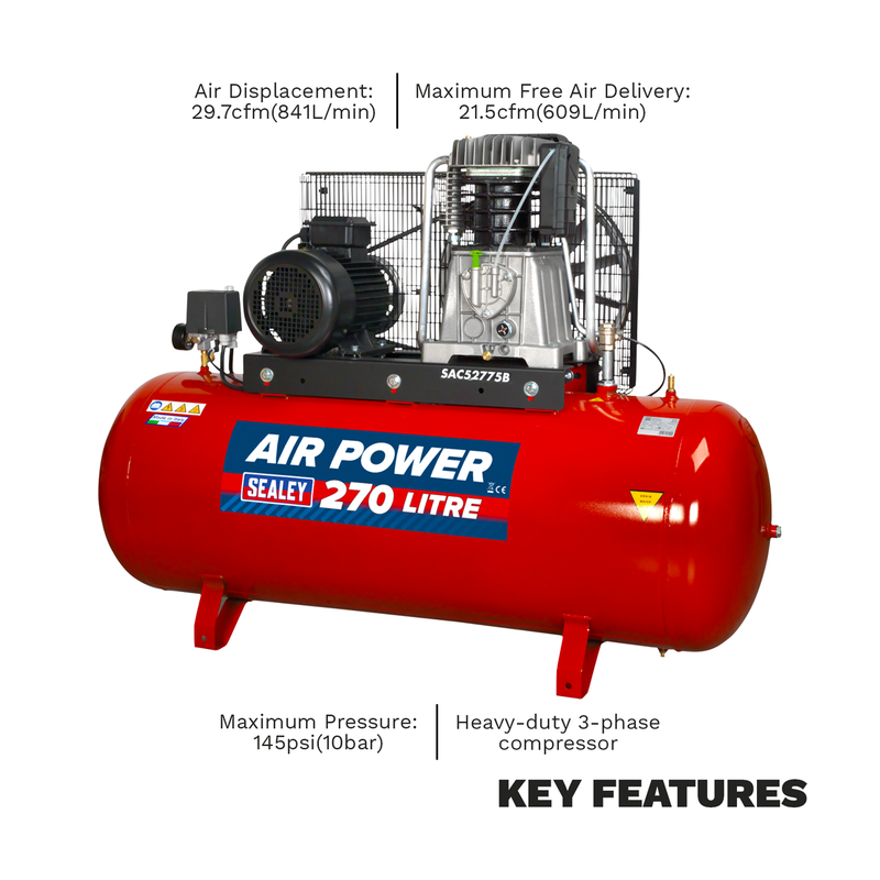 Sealey SAC52775B 270L Belt Drive Air Compressor with Cast Cylinders 7.5hp 2-Stage - additional view 7