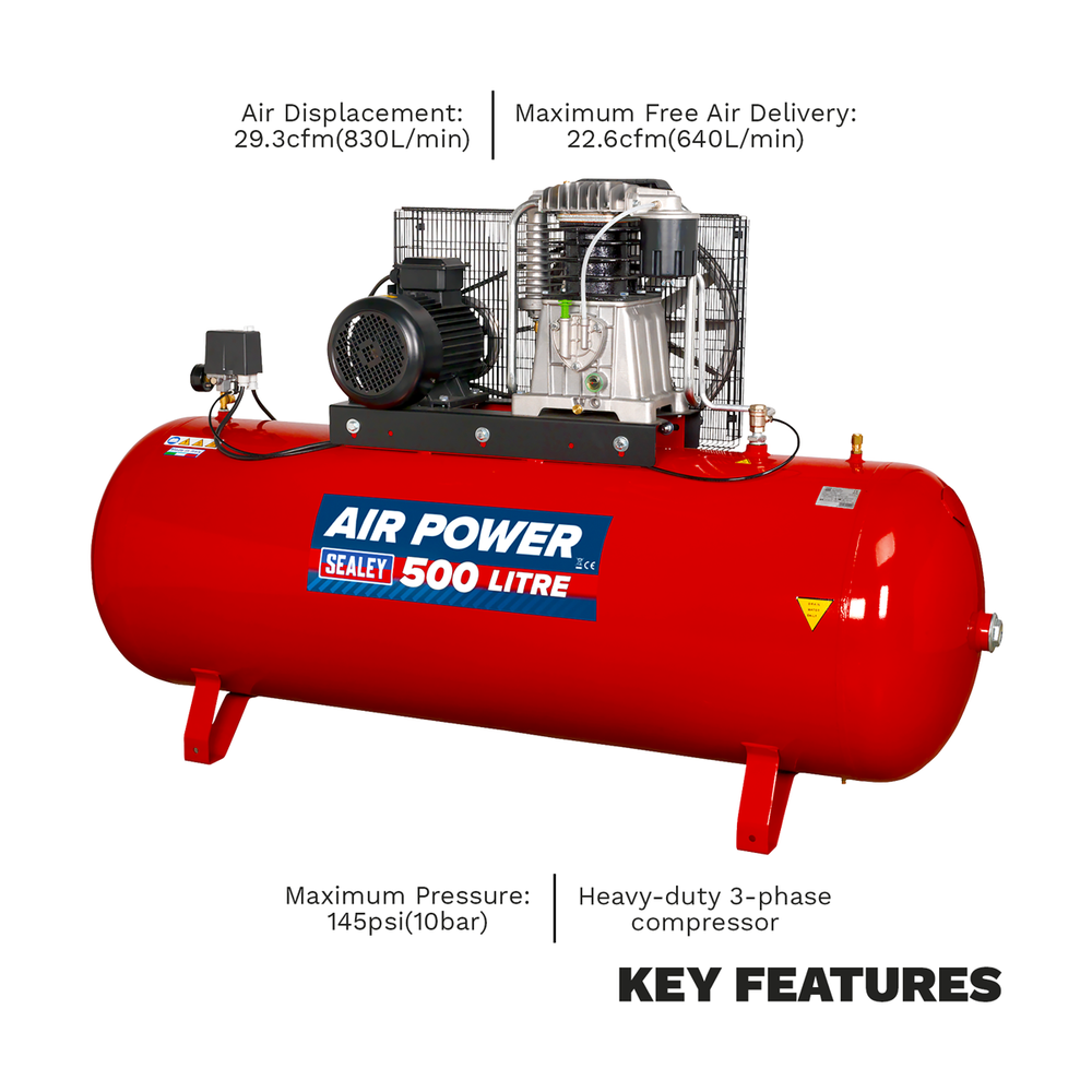 Sealey SAC55075B 500L Belt Drive Air Compressor with Cast Cylinders 7.5hp 2-Stage - additional view 5