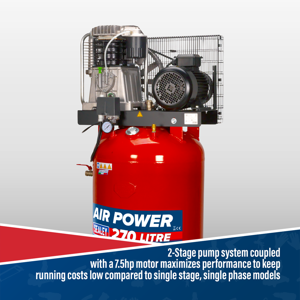Sealey SACV52775B 270L Vertical Belt Drive Air Compressor with Cast Cylinders 7.5hp 2-Stage - additional view 6