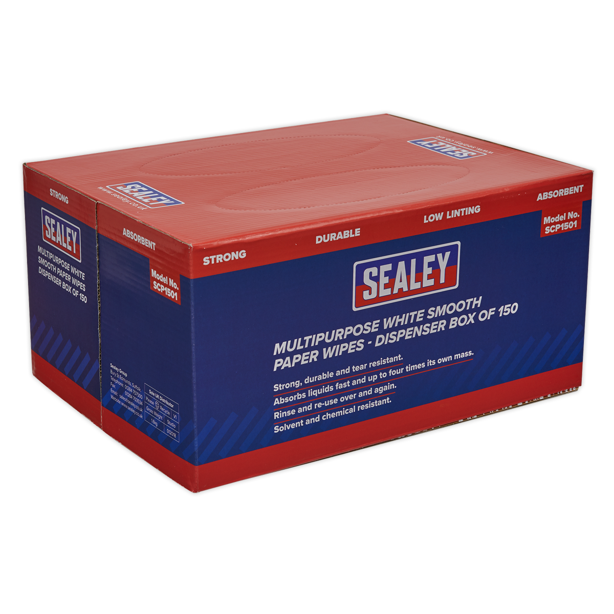 Sealey SCP1501 Multipurpose Smooth White Paper Wipes 73gsm - Dispenser Box of 150 Sheets