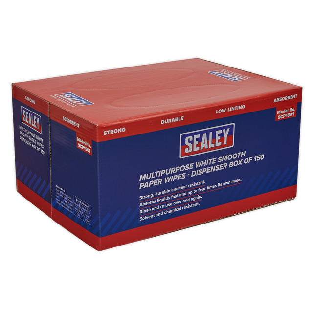 Sealey SCP1501 Multipurpose Smooth White Paper Wipes 73gsm - Dispenser Box of 150 Sheets