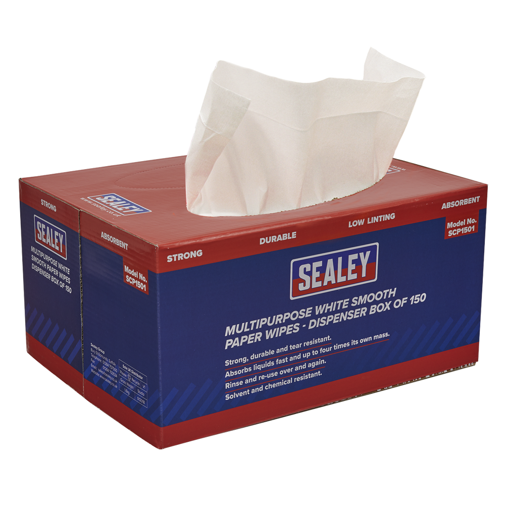 Sealey SCP1501 Multipurpose Smooth White Paper Wipes 73gsm - Dispenser Box of 150 Sheets - additional view 3