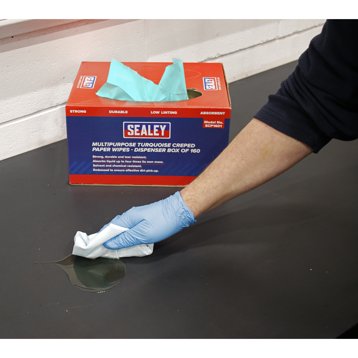 Sealey SCP1601 Multipurpose Creped Turquoise Paper Wipes 69gsm - Dispenser Box of 160 Sheets - additional view 2