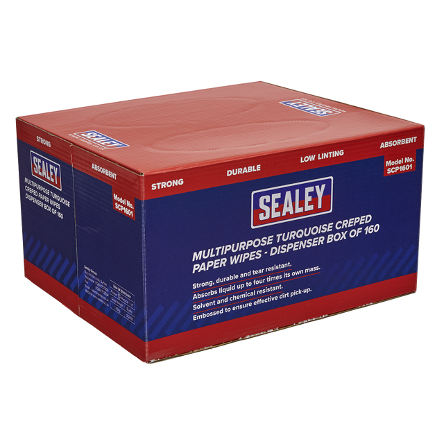 Sealey SCP1601 Multipurpose Creped Turquoise Paper Wipes 69gsm - Dispenser Box of 160 Sheets