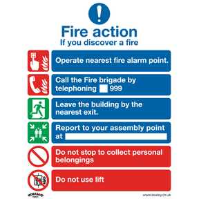 Sealey SS19P10 Worksafe® Fire Action With Lift Safety Sign, Rigid Plastic - Pack of 10