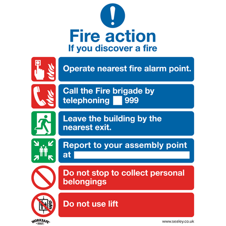 Sealey SS19P10 Worksafe® Fire Action With Lift Safety Sign, Rigid Plastic - Pack of 10