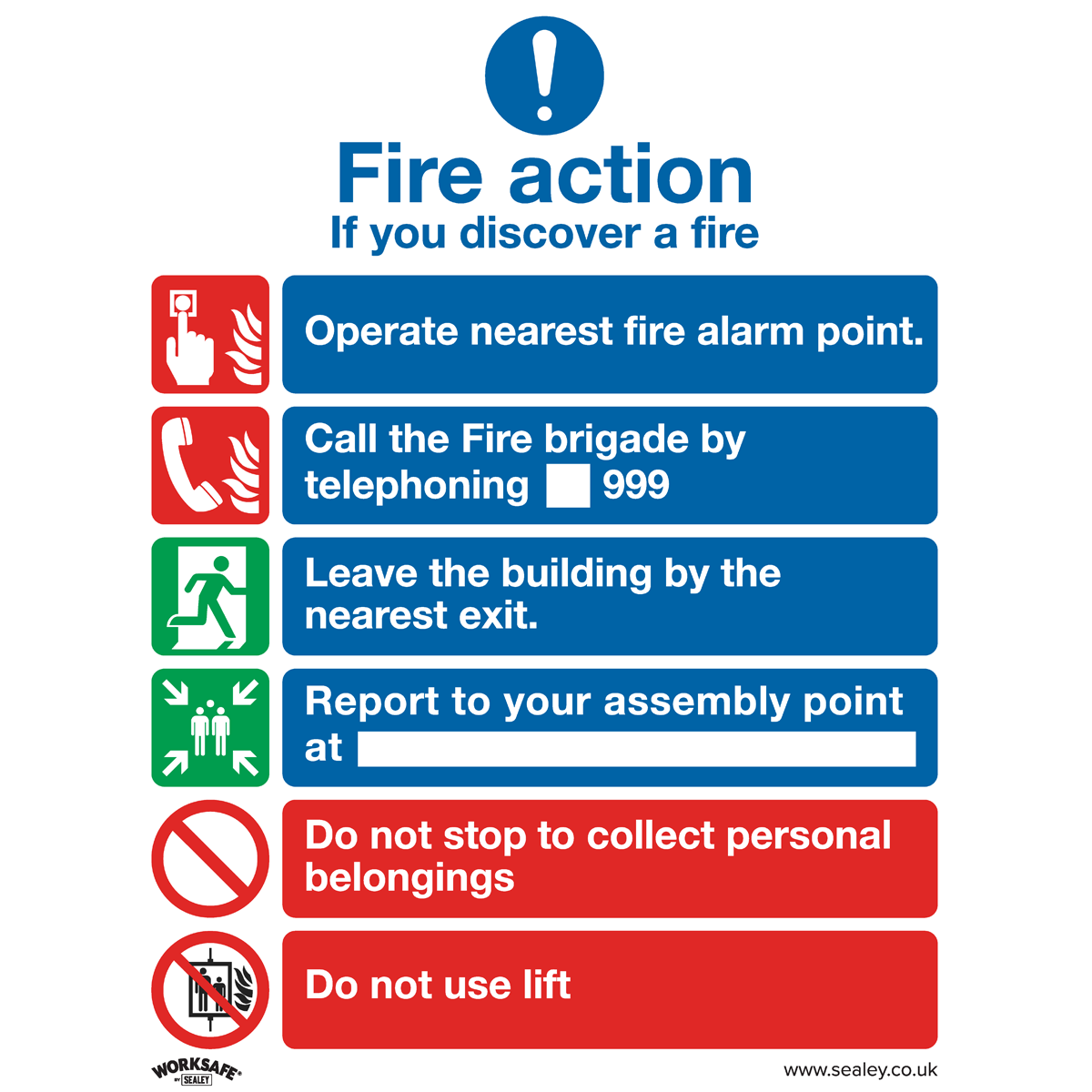 Sealey SS19P1 Worksafe® Fire Action With Lift Safety Sign - Rigid Plastic