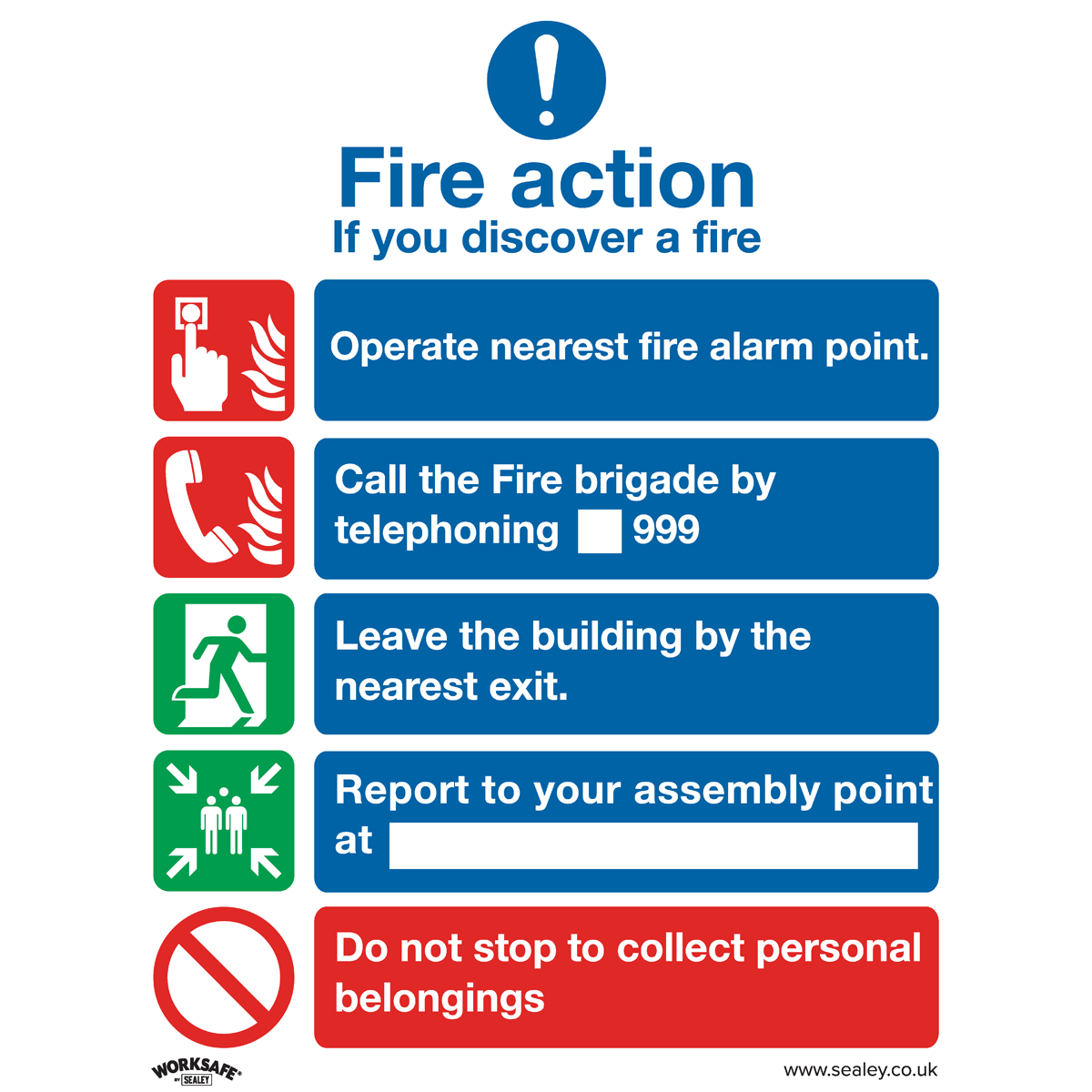 Sealey SS20P10 Worksafe® Fire Action Without Lift Safety Sign, Rigid Plastic - Pack of 10