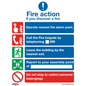 Sealey SS20P10 Worksafe® Fire Action Without Lift Safety Sign, Rigid Plastic - Pack of 10