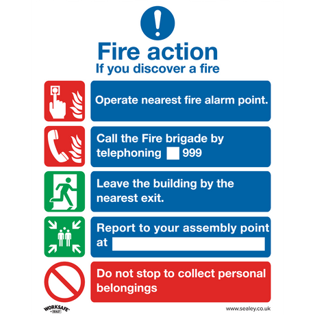Sealey SS20P10 Worksafe® Fire Action Without Lift Safety Sign, Rigid Plastic - Pack of 10