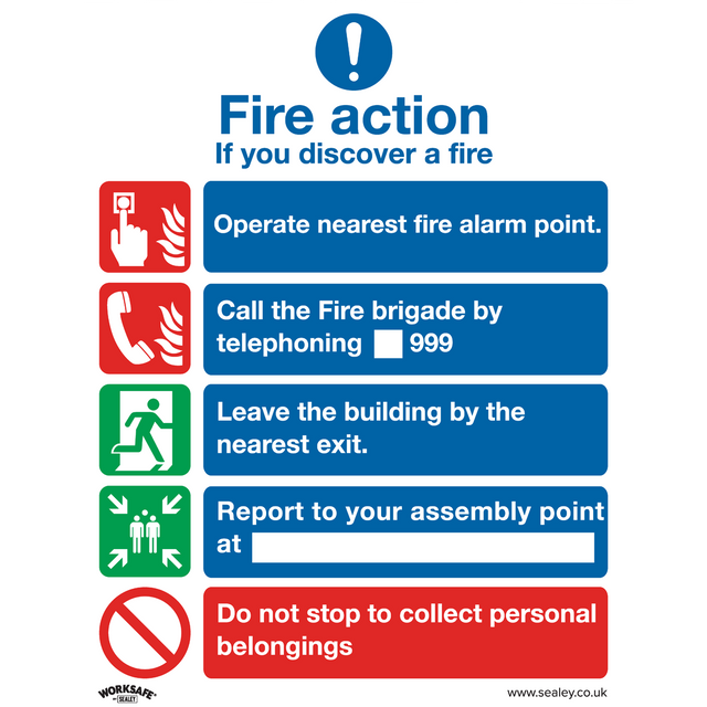 Sealey SS20P10 Worksafe® Fire Action Without Lift Safety Sign, Rigid Plastic - Pack of 10