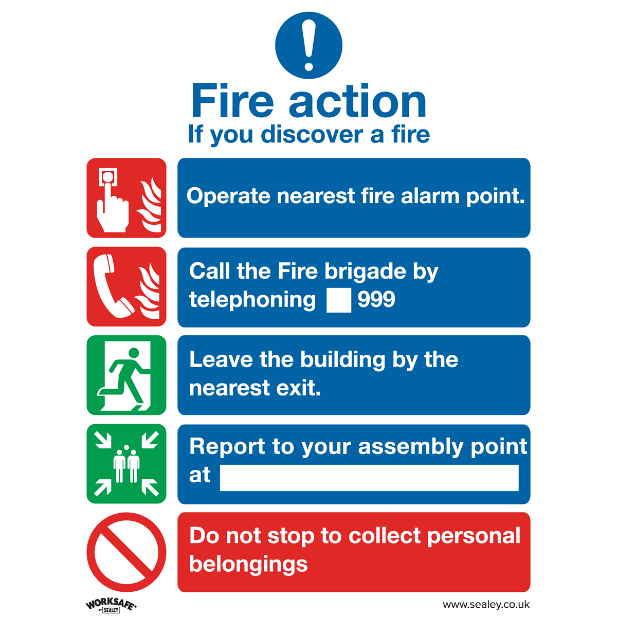 Sealey SS20V10 Worksafe® Fire Action Without Lift Safety Sign, Self-Adhesive Vinyl - Pack of 10