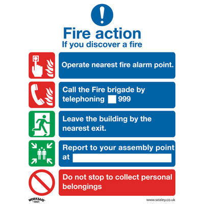 Sealey SS20V10 Worksafe® Fire Action Without Lift Safety Sign, Self-Adhesive Vinyl - Pack of 10