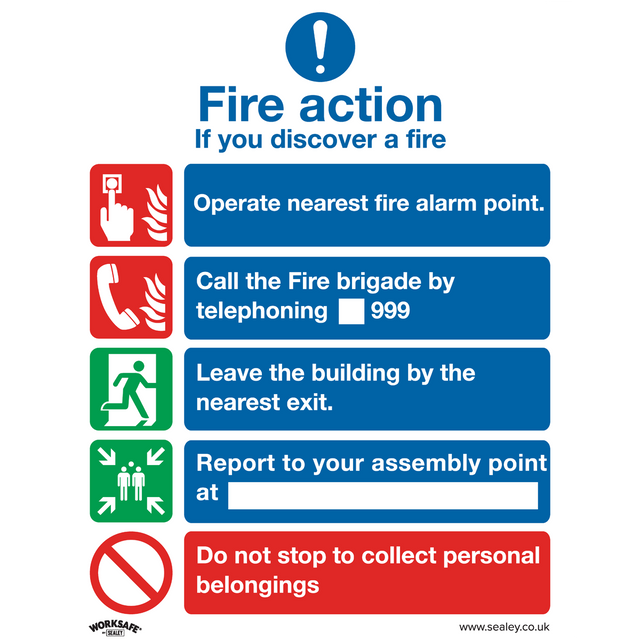 Sealey SS20V10 Worksafe® Fire Action Without Lift Safety Sign, Self-Adhesive Vinyl - Pack of 10
